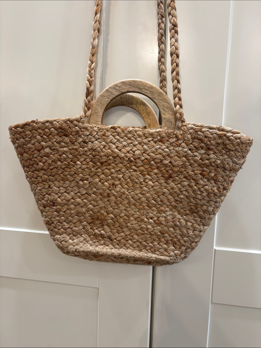 Woven Straw Tote Bag with Wooden Handle - Natural